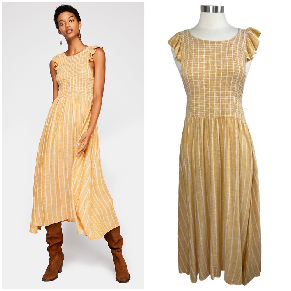 FREE PEOPLE Yellow Chambray Butterflies Midi Dress size XL